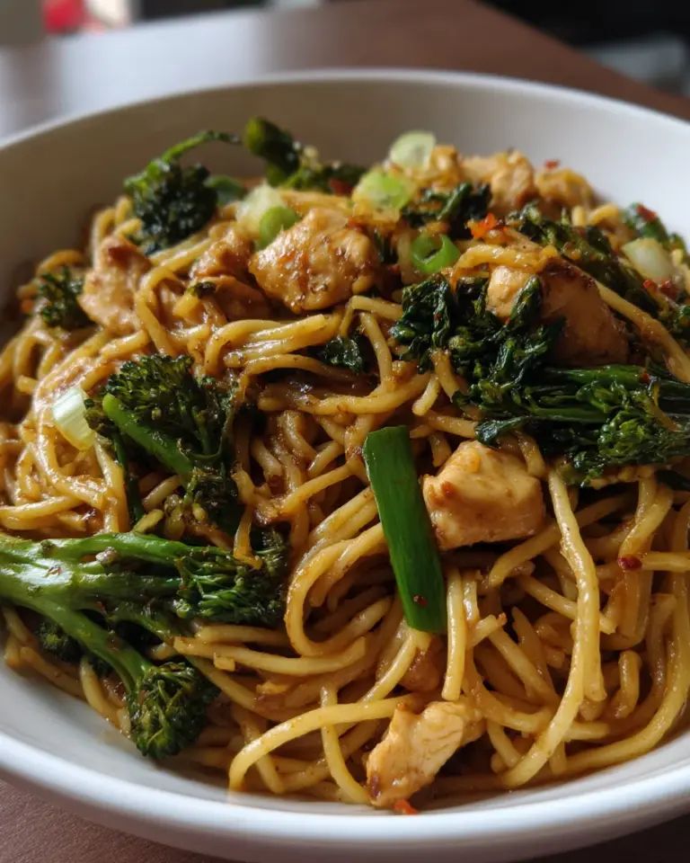 Asiapfanne mit Nudeln Huhn und Brokkoli