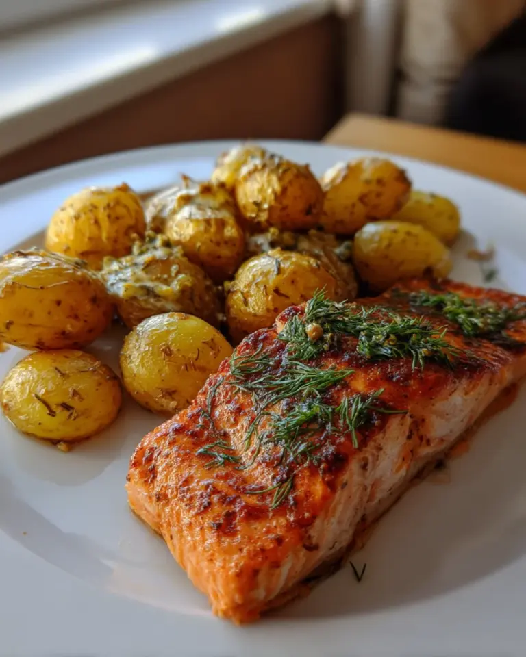 Lachs in Dillsoße mit Röstkartoffeln