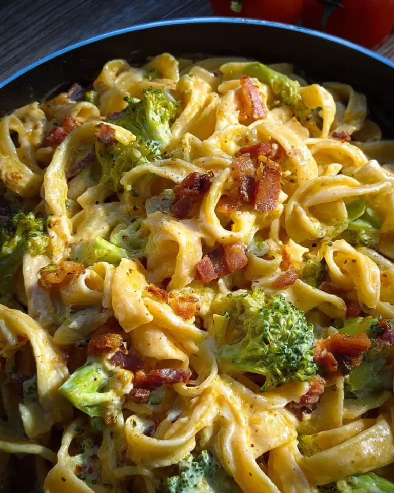 Cremige Pastapfanne mit Brokkoli und turkey bacon