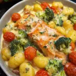 Cremiger Gnocchi Auflauf mit Lachs, Brokkoli und Tomaten