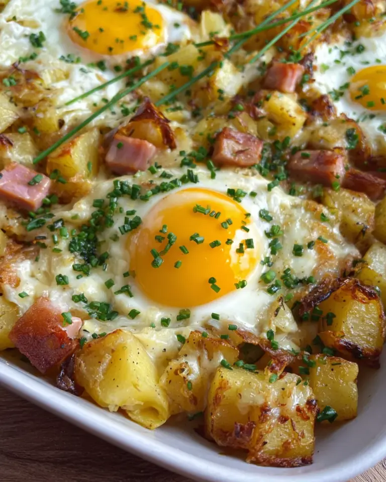 Leberkäse-Kartoffelauflauf mit Spiegelei