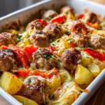 Leckerer Kartoffelauflauf mit chicken bratwurst