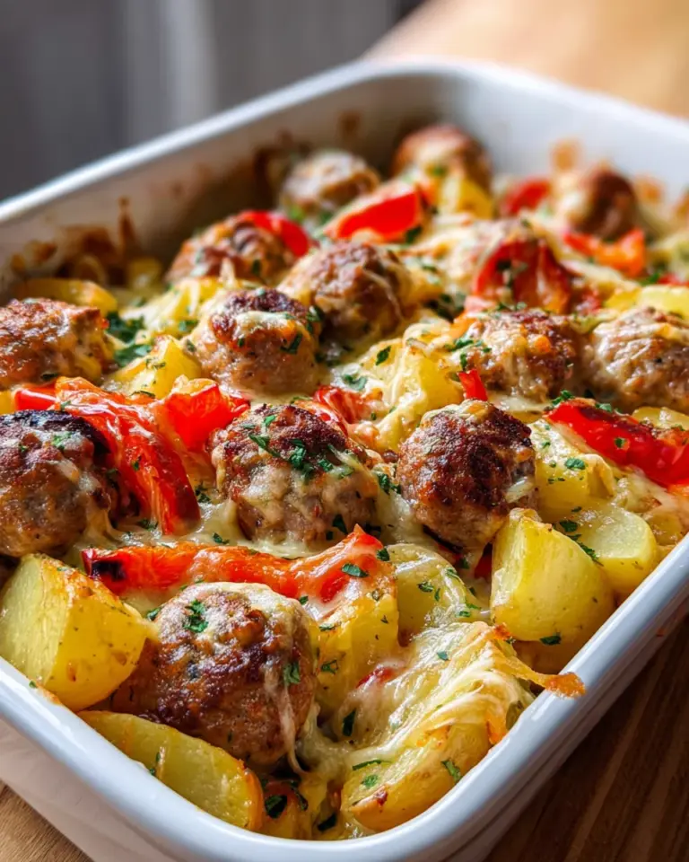 Leckerer Kartoffelauflauf mit chicken bratwurst