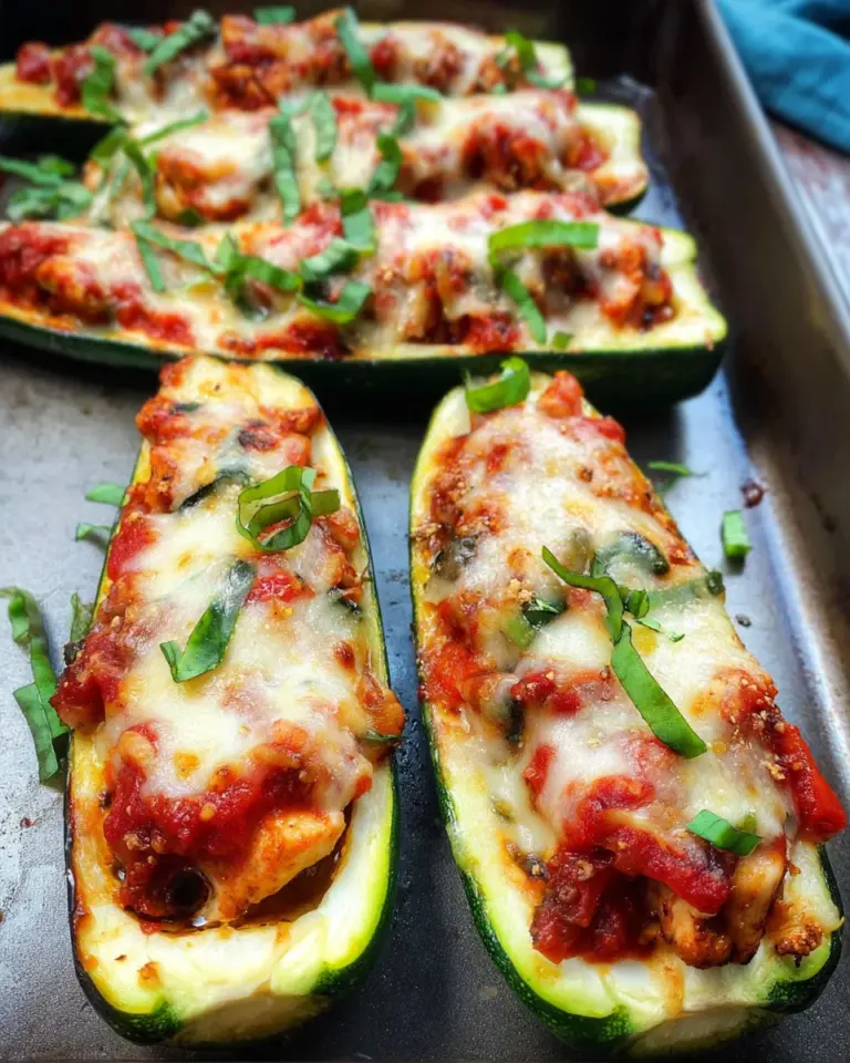 Low Carb Gefüllte Zucchini mit Hähnchen, Tomatensauce und Parmesan