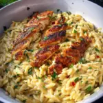 Orzo One Pot Pasta Alfredo mit gebratenem Hähnchen