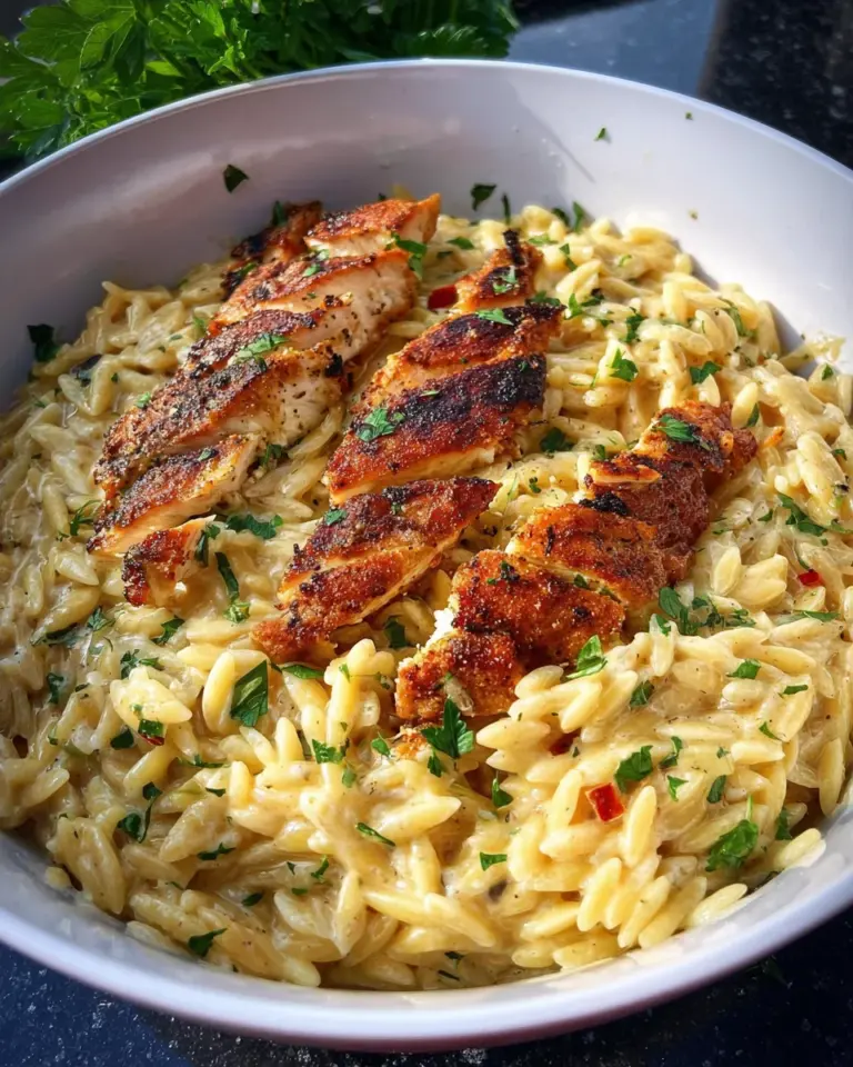 Orzo One Pot Pasta Alfredo mit gebratenem Hähnchen