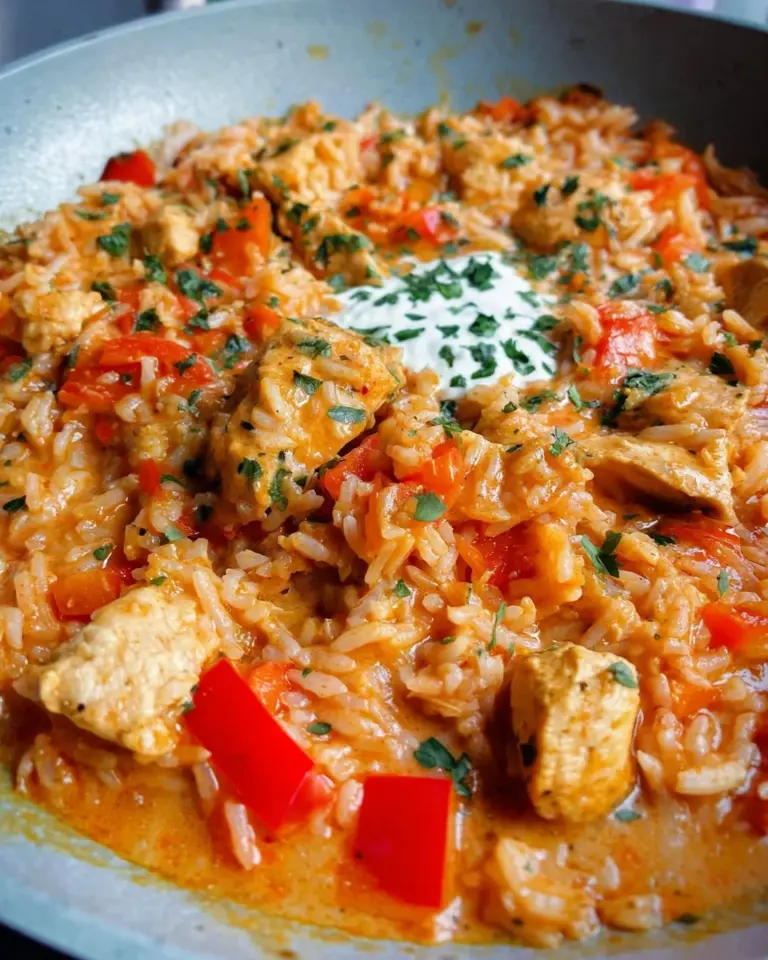 Paprika-Hähnchen-Pfanne mit Reis - cremig & lecker