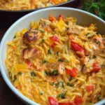 Paprika Sahne Hähnchen mit Orzo Nudeln aus dem Ofen