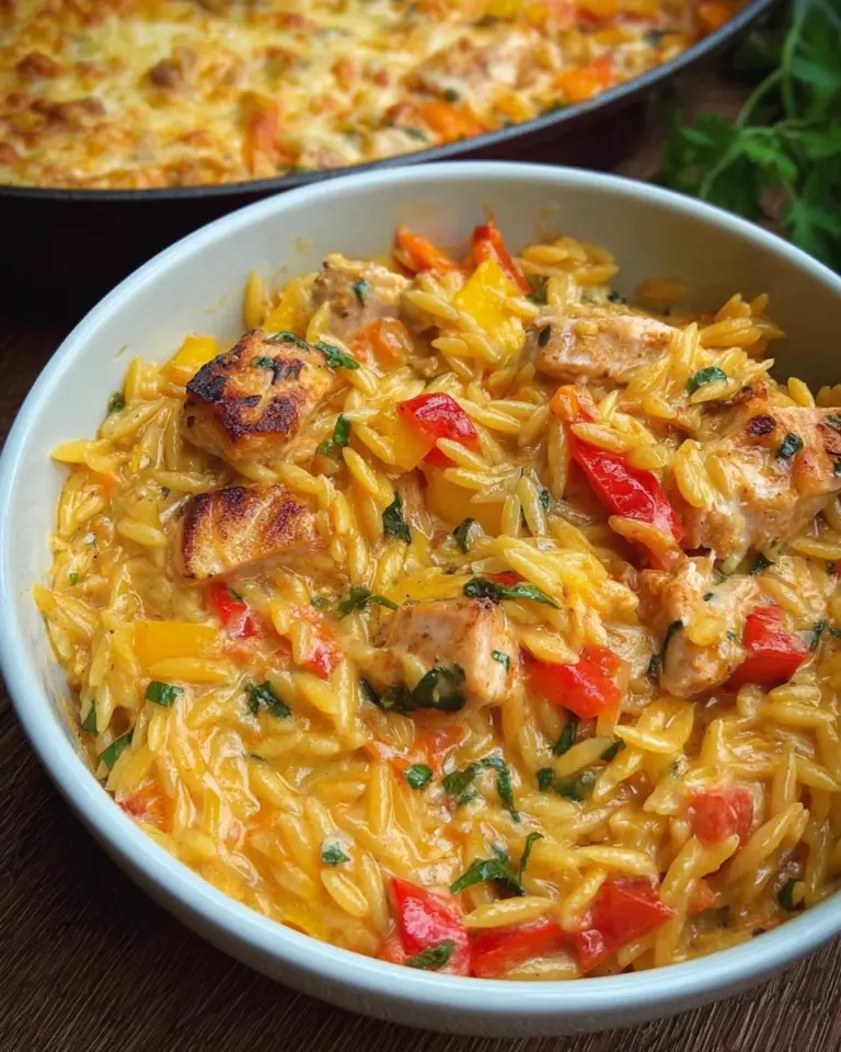 Paprika Sahne Hähnchen mit Orzo Nudeln aus dem Ofen