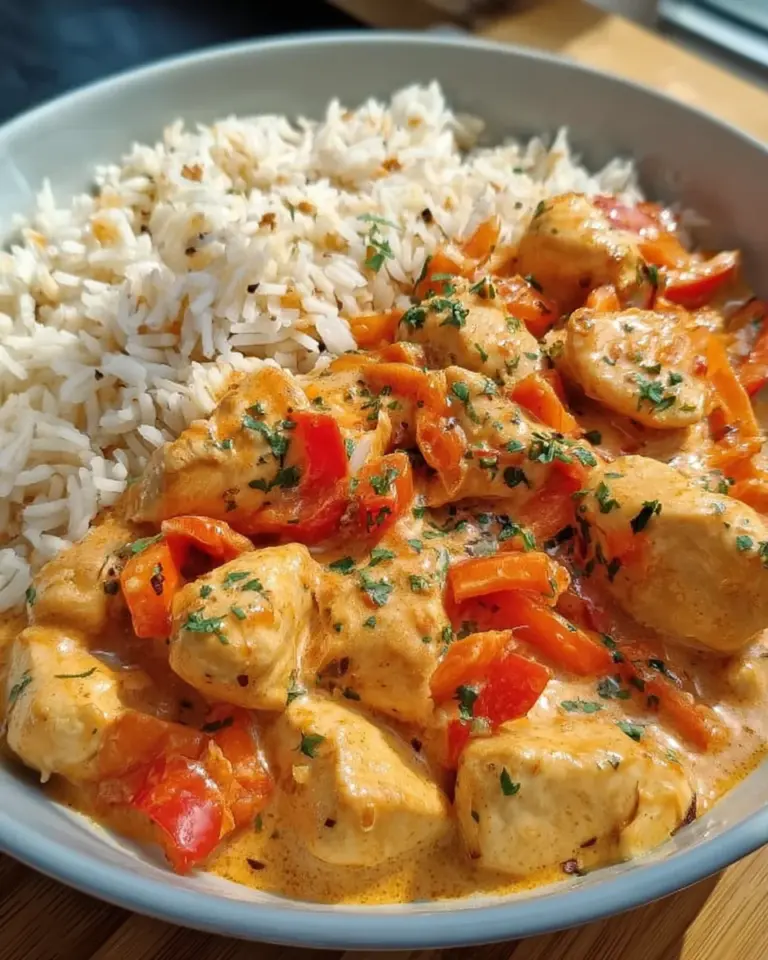 Paprika Sahne Hähnchen mit Reis