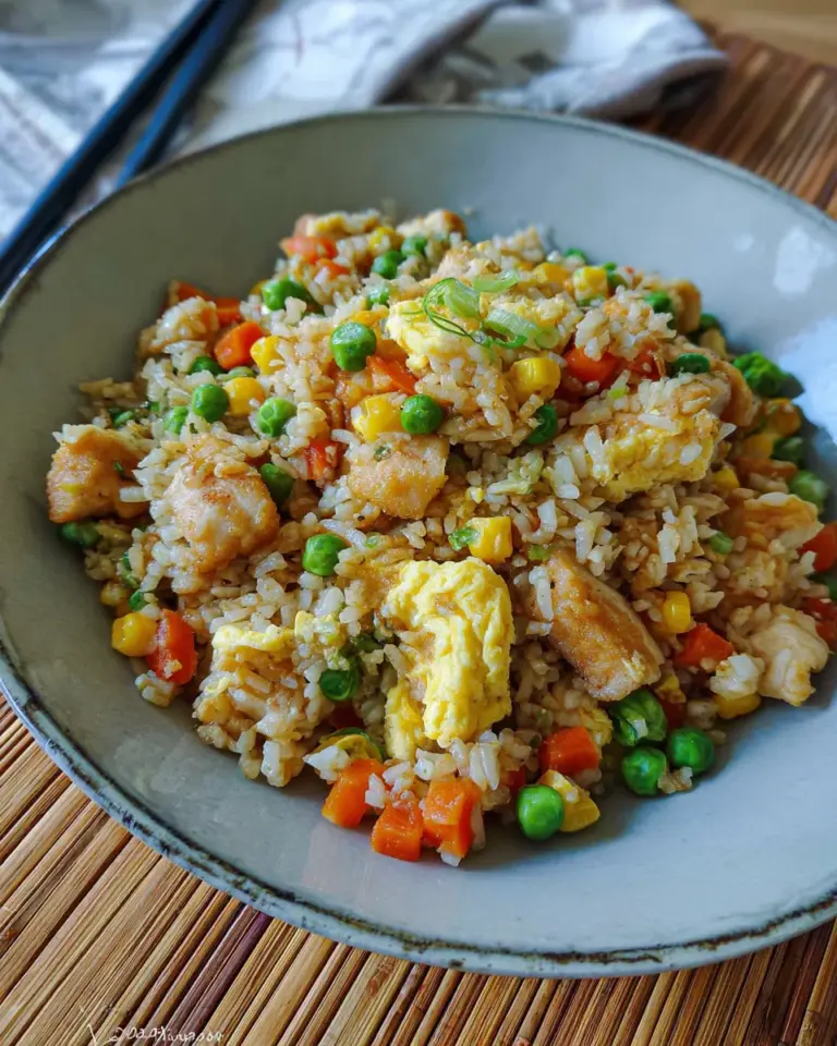 Reis im Airfryer – gebratener Reis mit Hähnchen