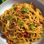 Spaghetti mit karamellisierten Zwiebeln, Speck und getrockneten Tomaten