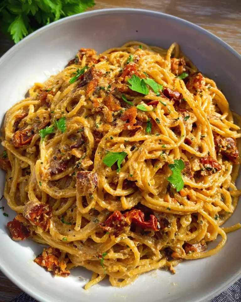 Spaghetti mit karamellisierten Zwiebeln, Speck und getrockneten Tomaten