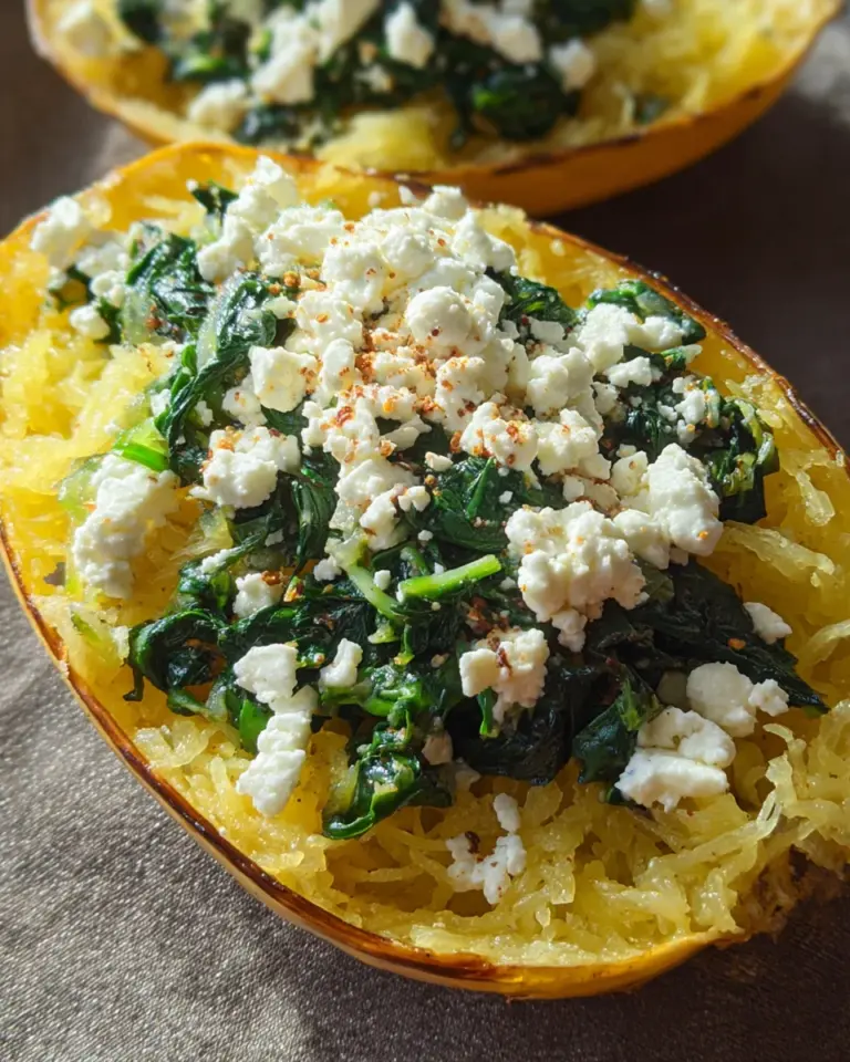 Spaghettikürbis mit Spinat und Feta