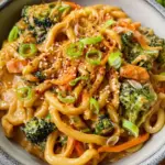 Udon Nudeln mit Erdnusssauce und Gemüse