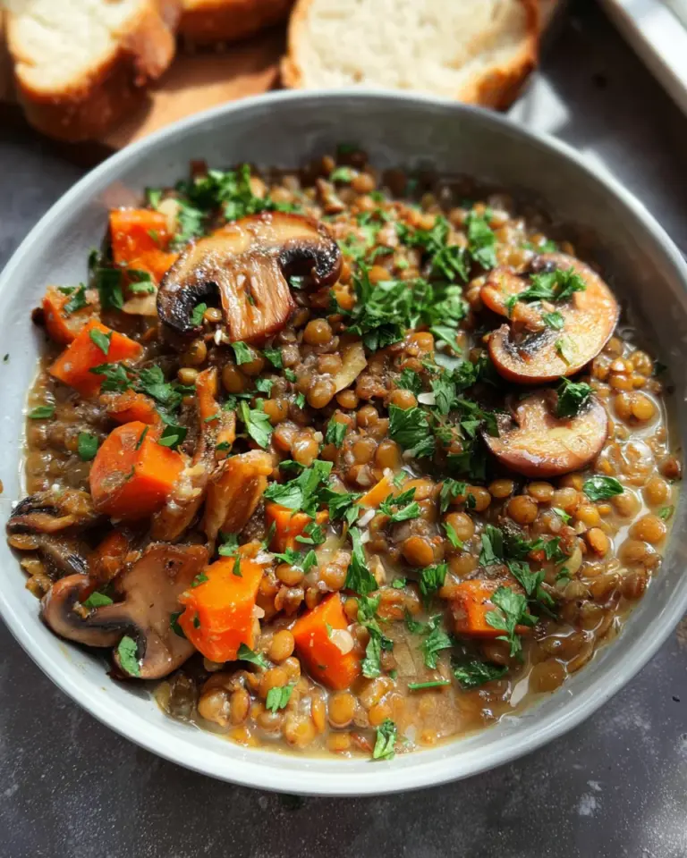 Veganer Linseneintopf mit Champignons und Möhren