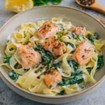 Bandnudeln mit Lachs und Spinat in cremiger Sauce