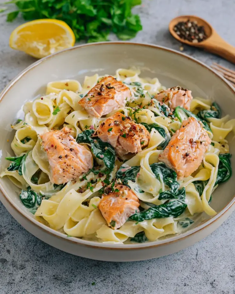Bandnudeln mit Lachs und Spinat in cremiger Sauce