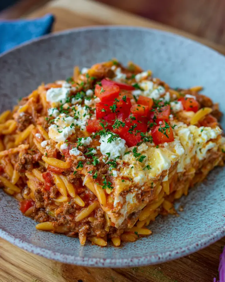 Griechischer Nudel-Hackfleisch Auflauf mit Feta