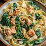 Nudeln in Lachs Sahne Soße mit Spinat