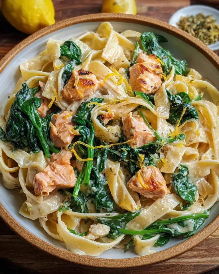 Nudeln in Lachs Sahne Soße mit Spinat