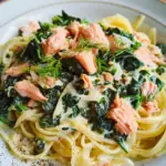 Pasta mit Lachs und Spinat in Sahnesoße.