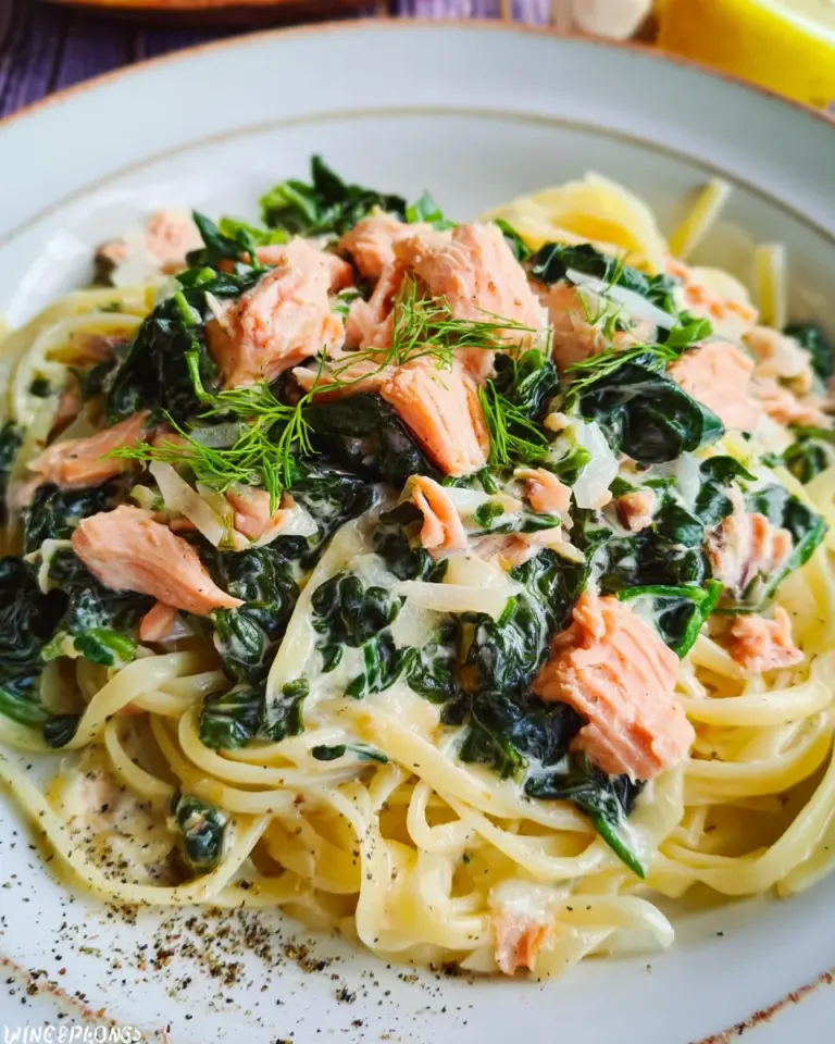 Pasta mit Lachs und Spinat in Sahnesoße.