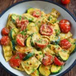 Cremige Maultaschenpfanne mit Zucchini und Tomaten