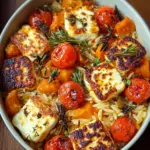Halloumi Orzo Auflauf mit Kürbis und Kirschtomaten