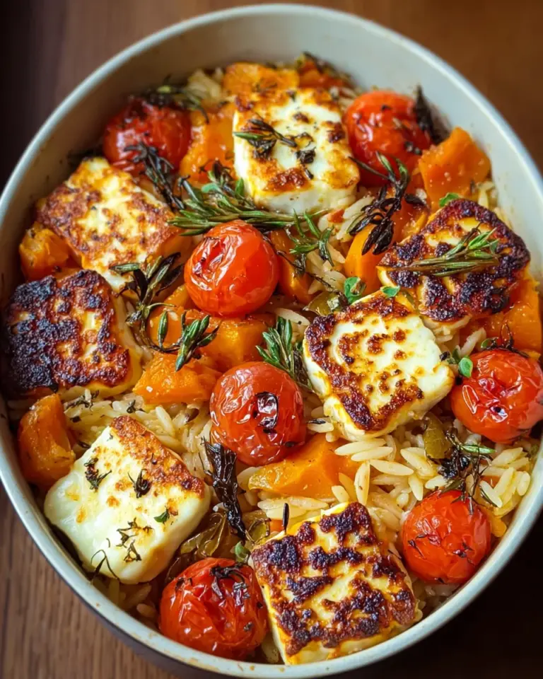 Halloumi Orzo Auflauf mit Kürbis und Kirschtomaten
