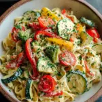 Vegane Pasta Primavera mit cremiger Knoblauch-Cashew-Sauce