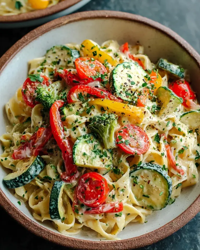 Vegane Pasta Primavera mit cremiger Knoblauch-Cashew-Sauce